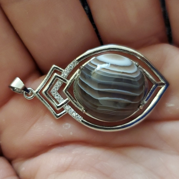 New Botswana Agate Round Rhinestone Inlaid 925 Silver Pendant. - Picture 1 of 12